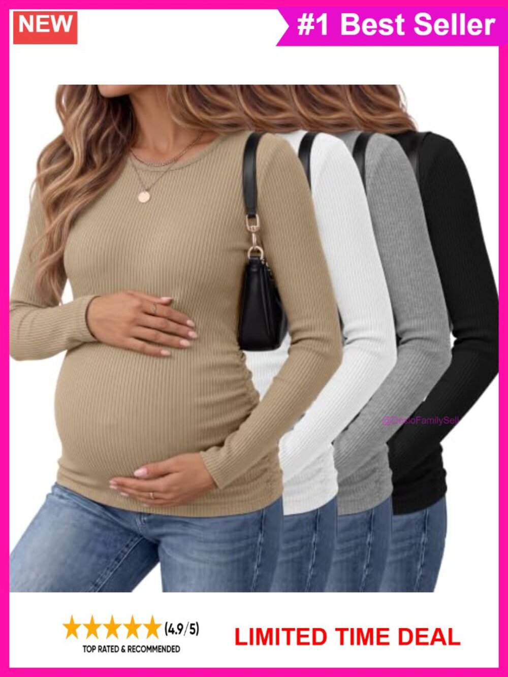 4 Pack Women's Cotton Maternity Sweatshirts Crew Neck Long Sleeve Ruched Tops